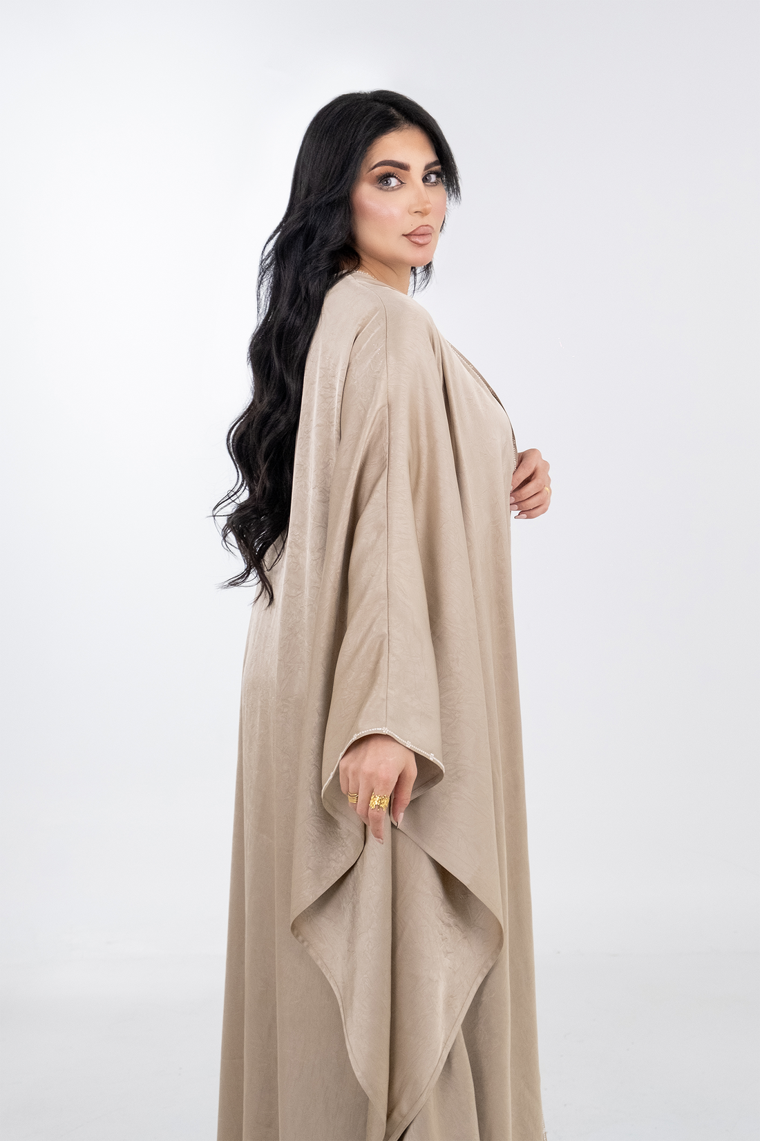 Beige  Crepe Crystalized Open Besht Abaya