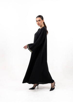 BLACK  SOALON EMBROIDERED CLOSE ABAYA .