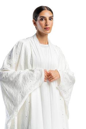 WHITE CRYSTALIZED LINEN OPEN BISHT ABAYA