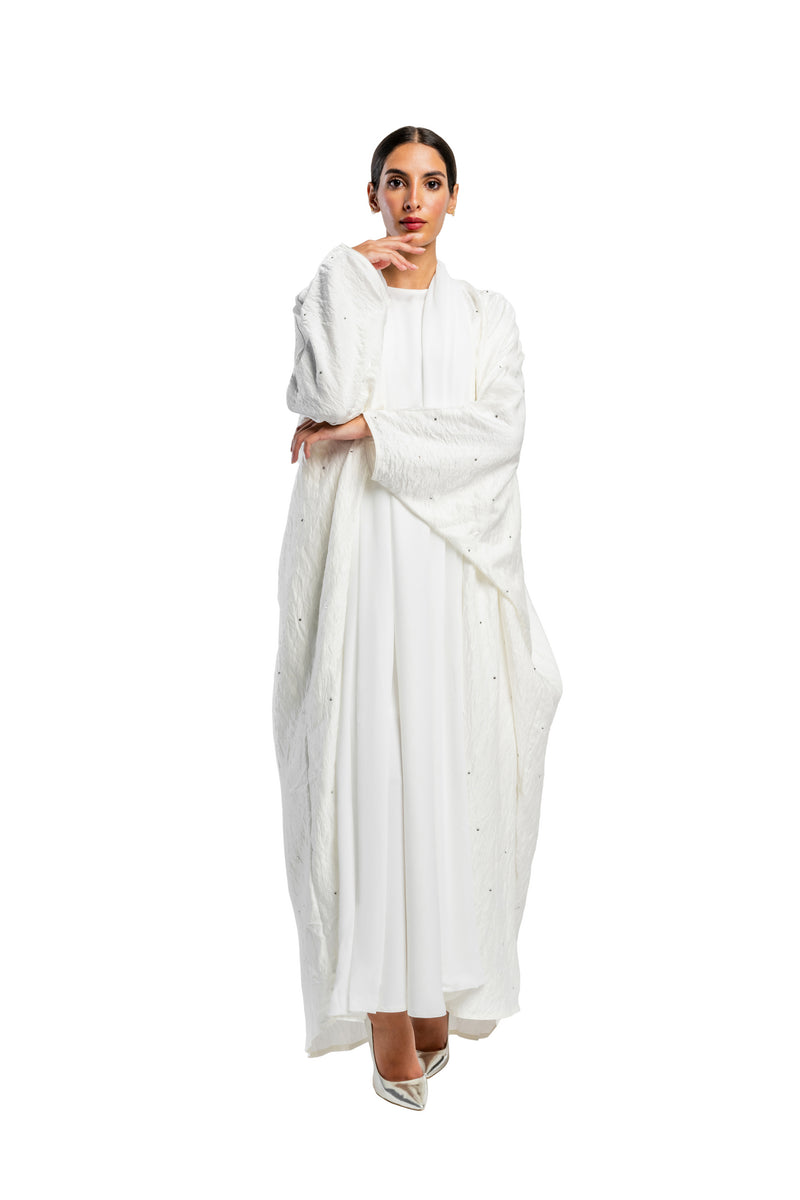 WHITE CRYSTALIZED LINEN OPEN BISHT ABAYA