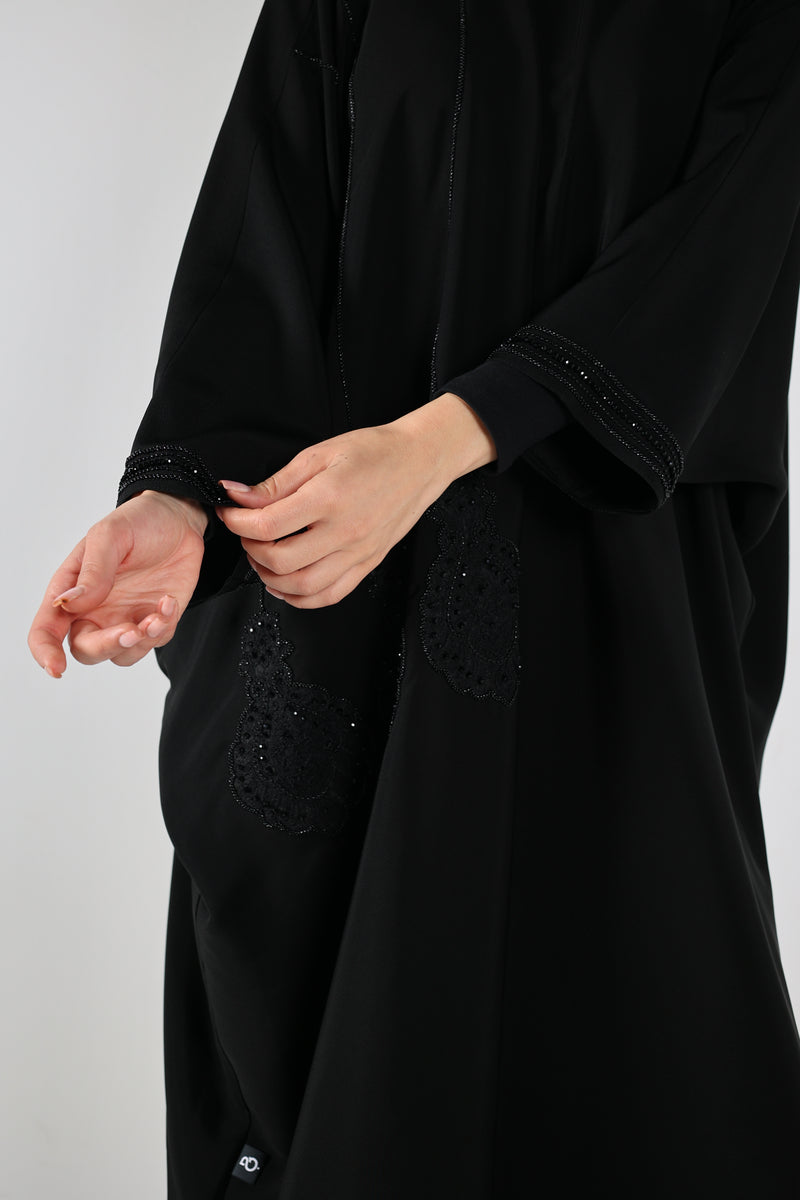 BLACK HAND EMBROIDERED  SOALON OPEN ABAYA