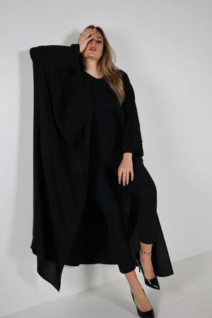 BLACK HAND EMBROIDERED  SOALON OPEN ABAYA