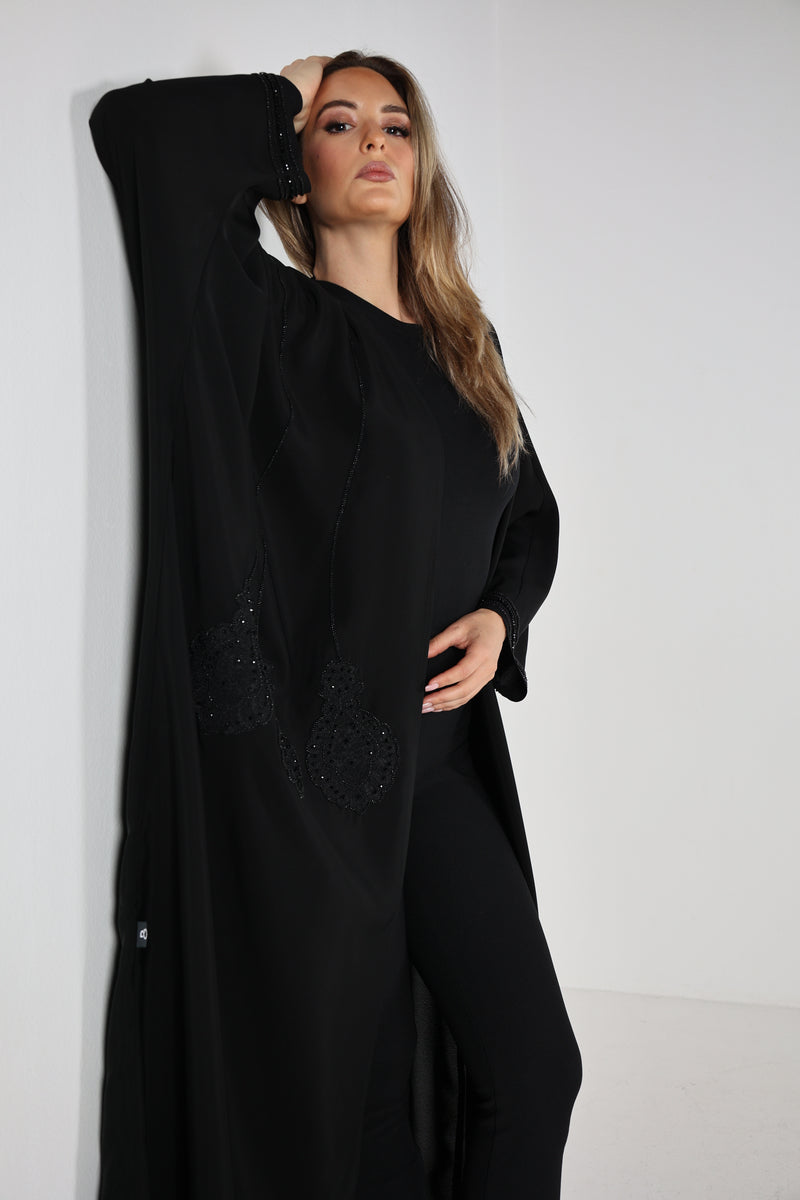 BLACK HAND EMBROIDERED  SOALON OPEN ABAYA