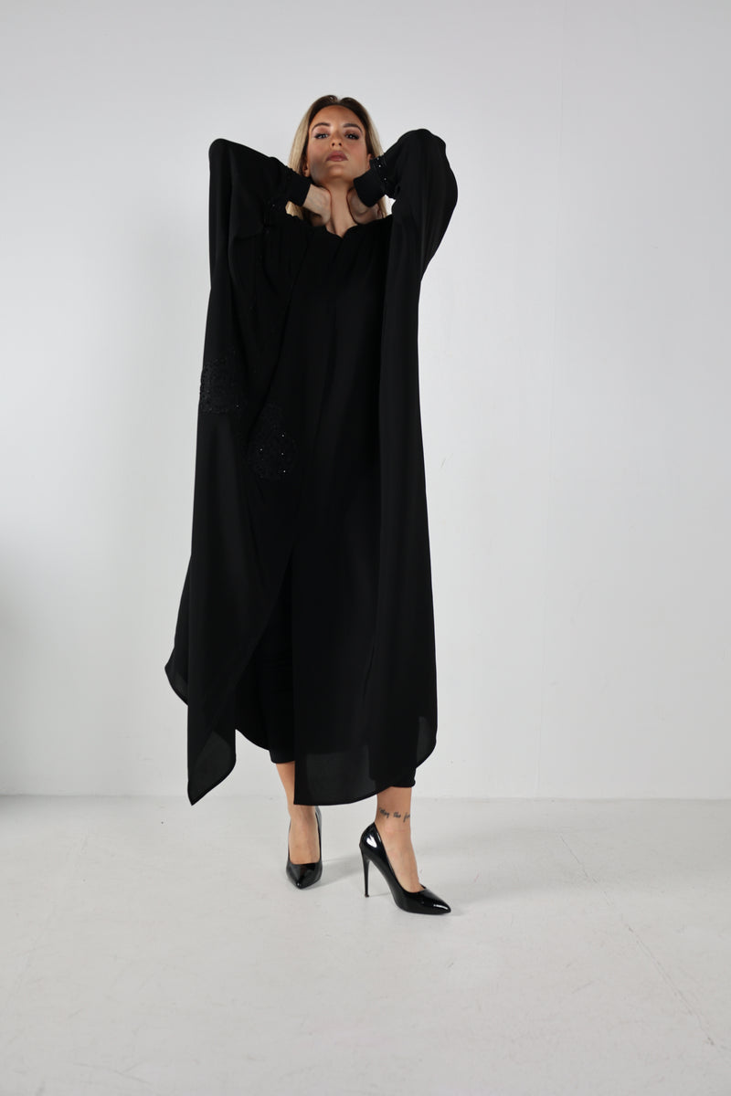 BLACK HAND EMBROIDERED  SOALON OPEN ABAYA