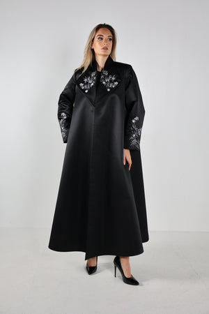 BLACK EMBROIDERED  SATIN OPEN ABAYA