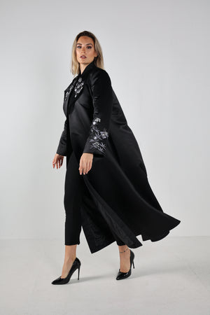 BLACK EMBROIDERED  SATIN OPEN ABAYA