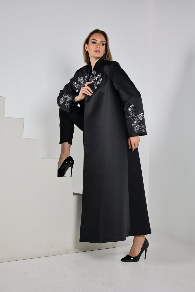 BLACK EMBROIDERED  SATIN OPEN ABAYA