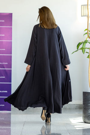 BLACK  TRENDY LINEN CLOSE ABAYA