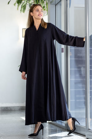 BLACK  TRENDY LINEN CLOSE ABAYA