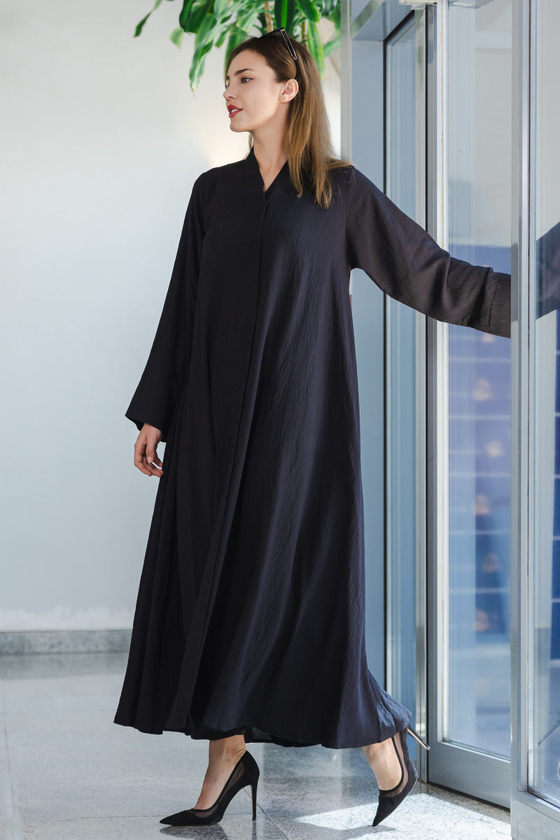 BLACK  TRENDY LINEN CLOSE ABAYA