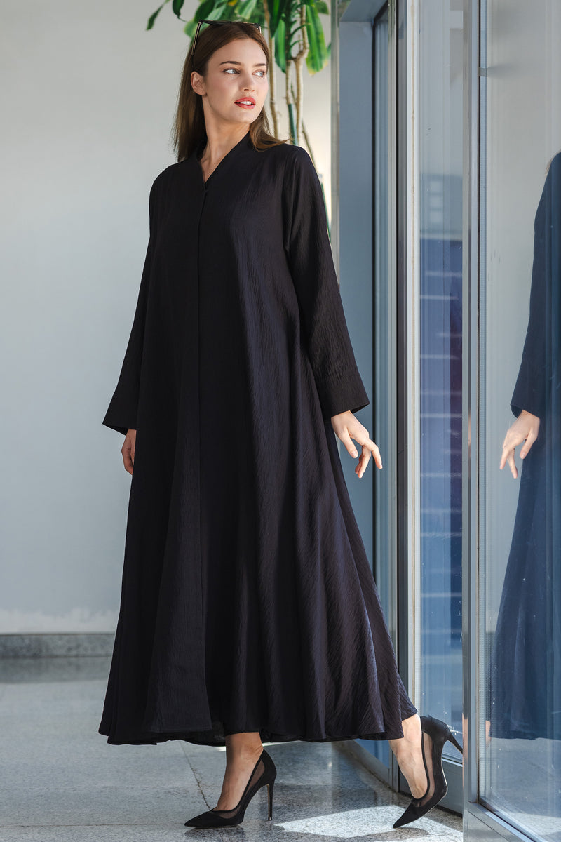 BLACK  TRENDY LINEN CLOSE ABAYA