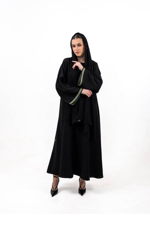 BLACK  SOALON EMBROIDERED CLOSE ABAYA .