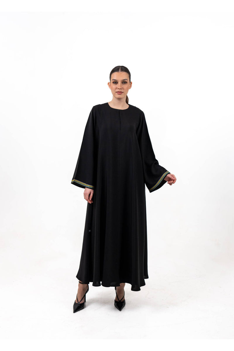 BLACK  SOALON EMBROIDERED CLOSE ABAYA .