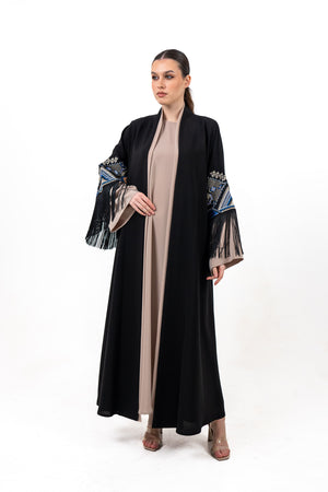 BLACK  SOALON EMBROIDERED OPEN ABAYA