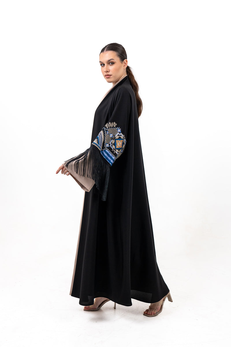 BLACK  SOALON EMBROIDERED OPEN ABAYA