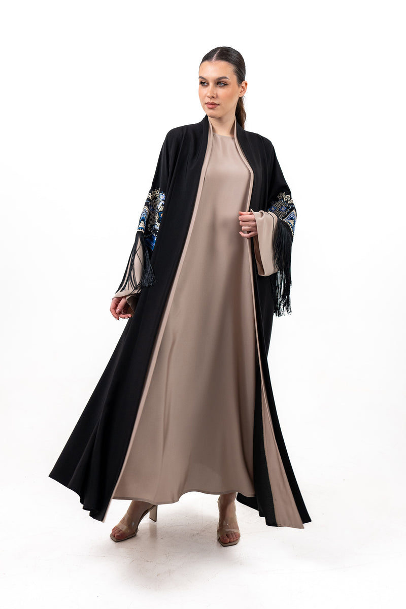 BLACK  SOALON EMBROIDERED OPEN ABAYA