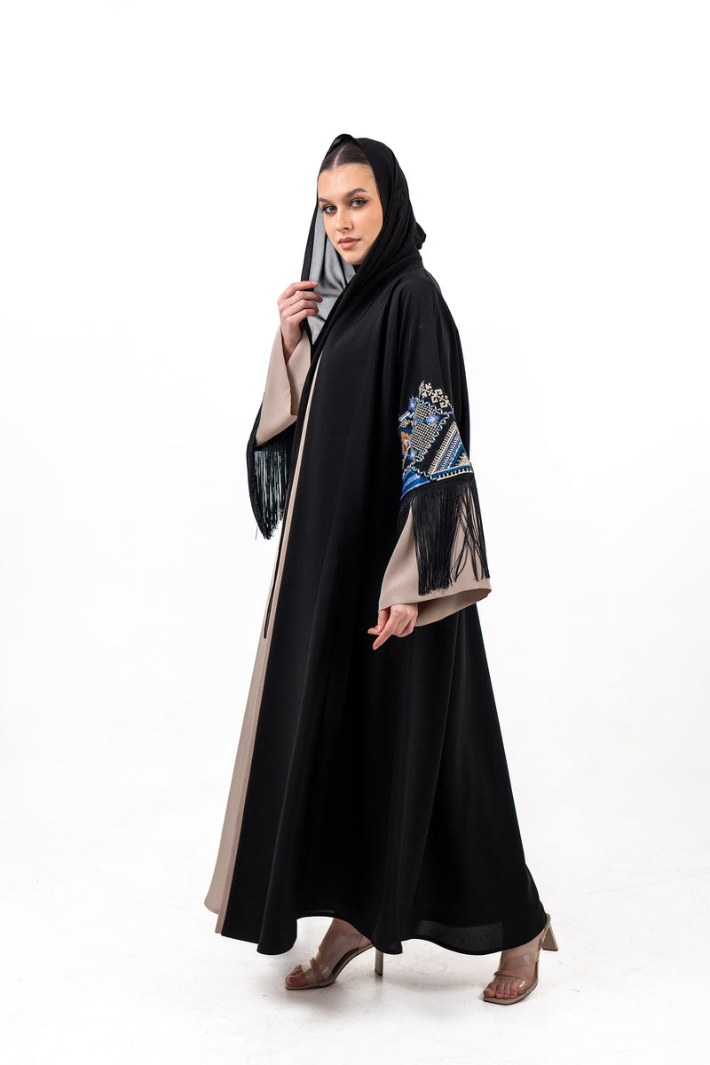 BLACK  SOALON EMBROIDERED OPEN ABAYA