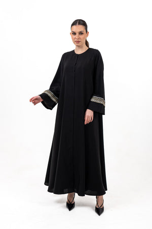 BLACK  SOALON EMBROIDERED CLOSE  ABAYA .