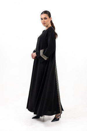 BLACK  SOALON EMBROIDERED CLOSE  ABAYA .