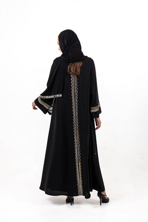 BLACK  SOALON EMBROIDERED CLOSE  ABAYA .