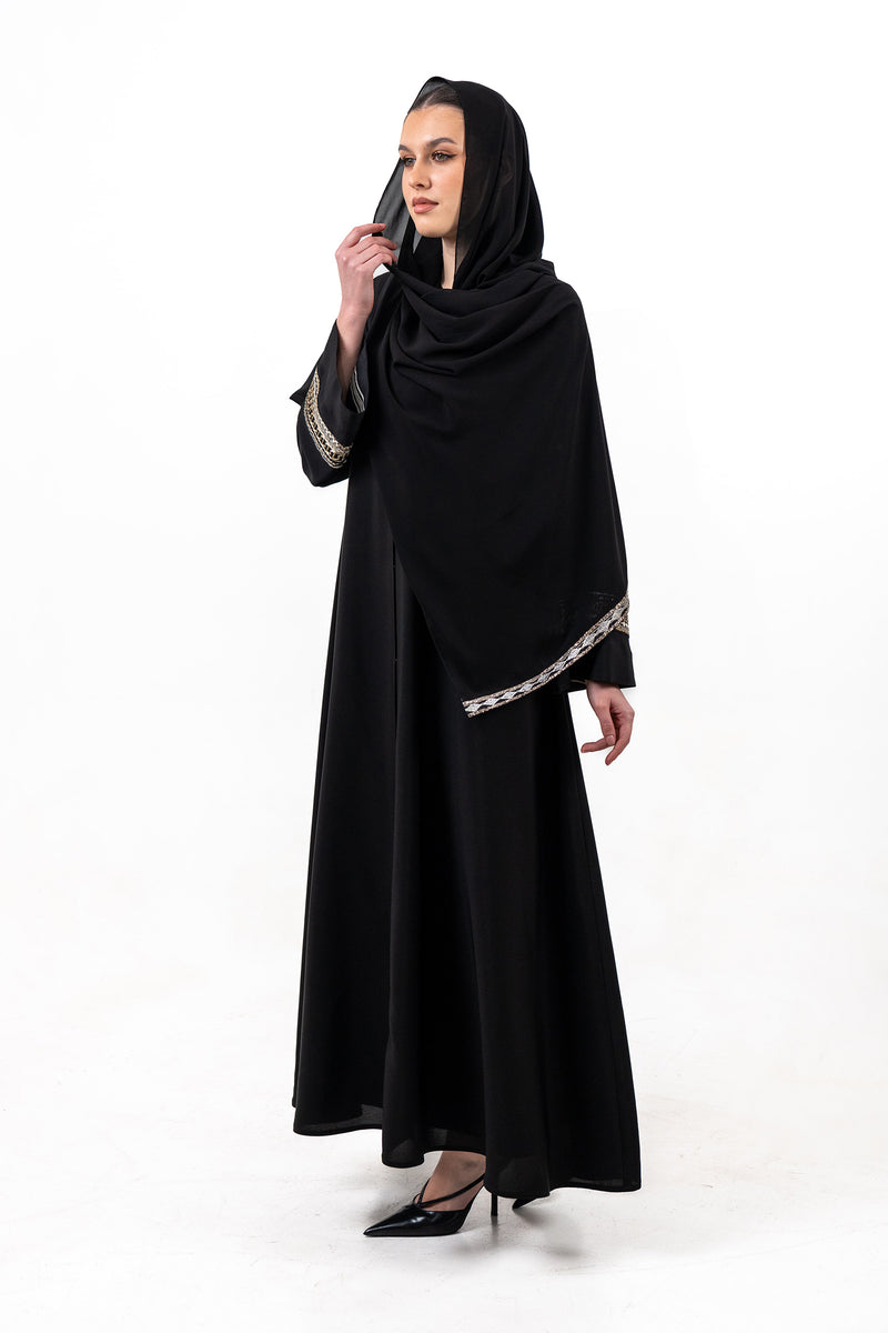 BLACK  SOALON EMBROIDERED CLOSE  ABAYA .