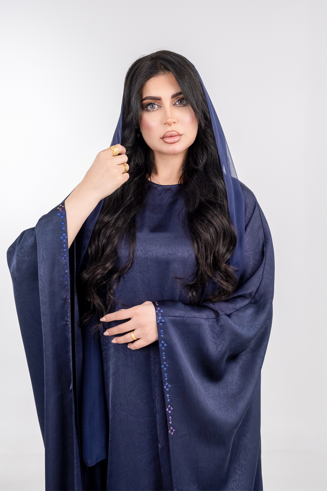 Navy Blue  Crepe Crystalized Open Besht Abaya