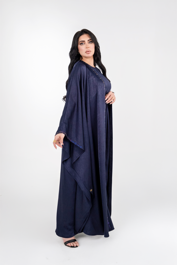 Navy Blue  Crepe Crystalized Open Besht Abaya