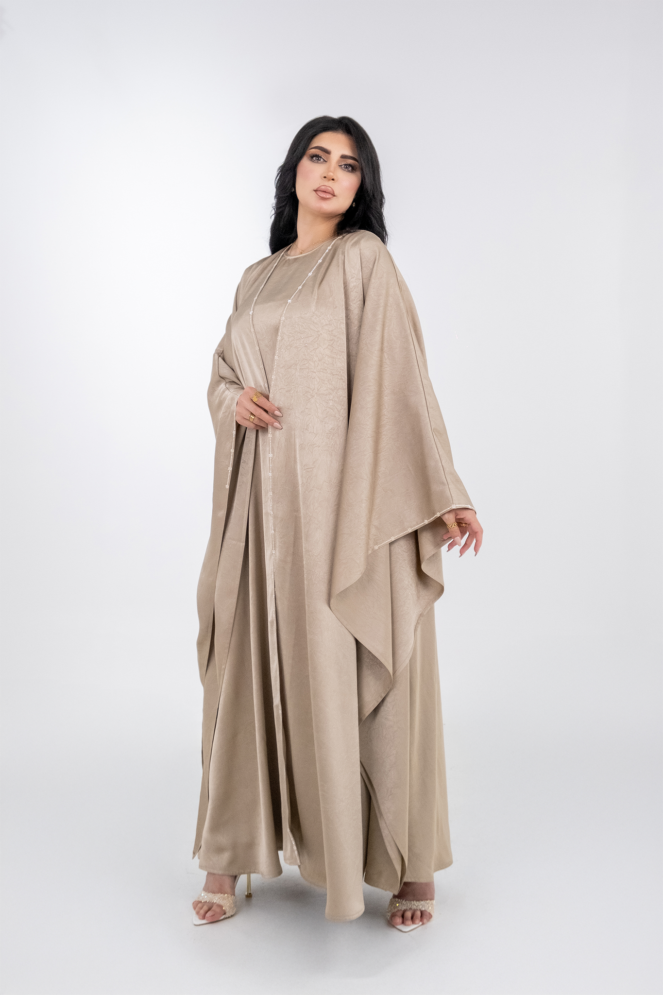Beige  Crepe Crystalized Open Besht Abaya