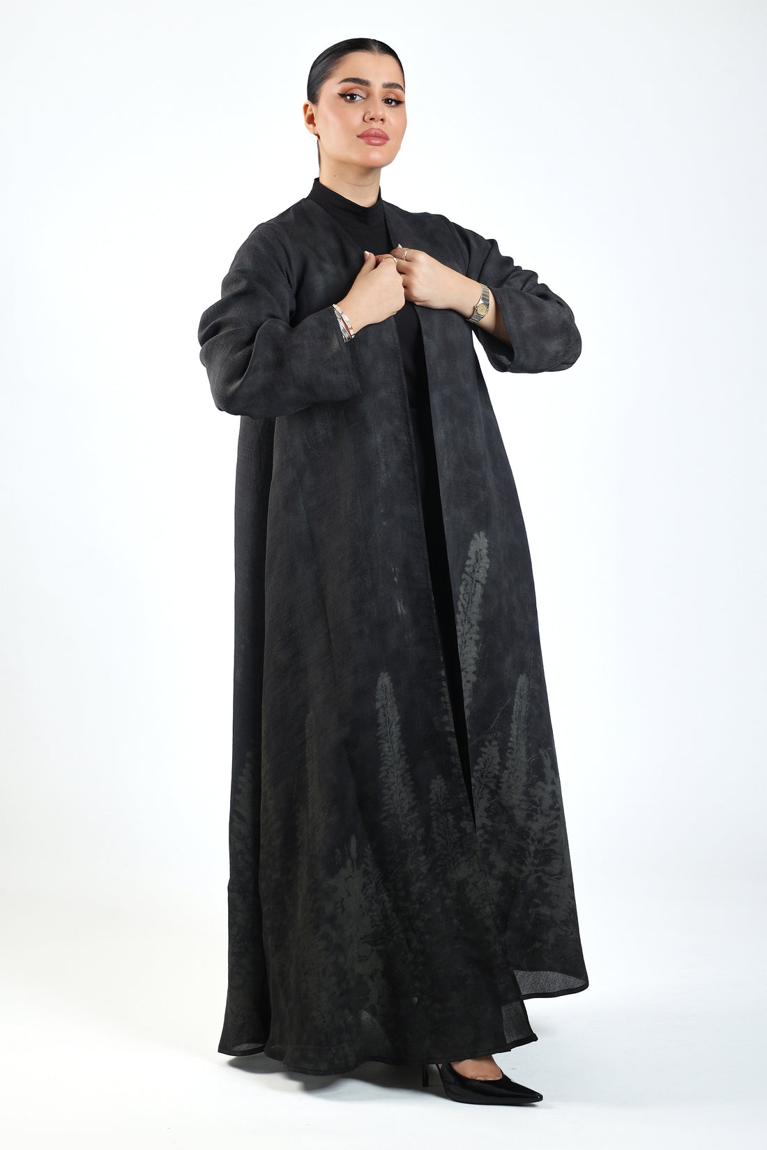 Patterned Crepe Flared Abaya