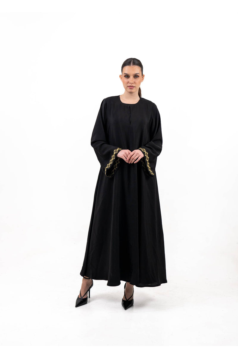 BLACK  SOALON EMBROIDERED CLOSE  ABAYA .