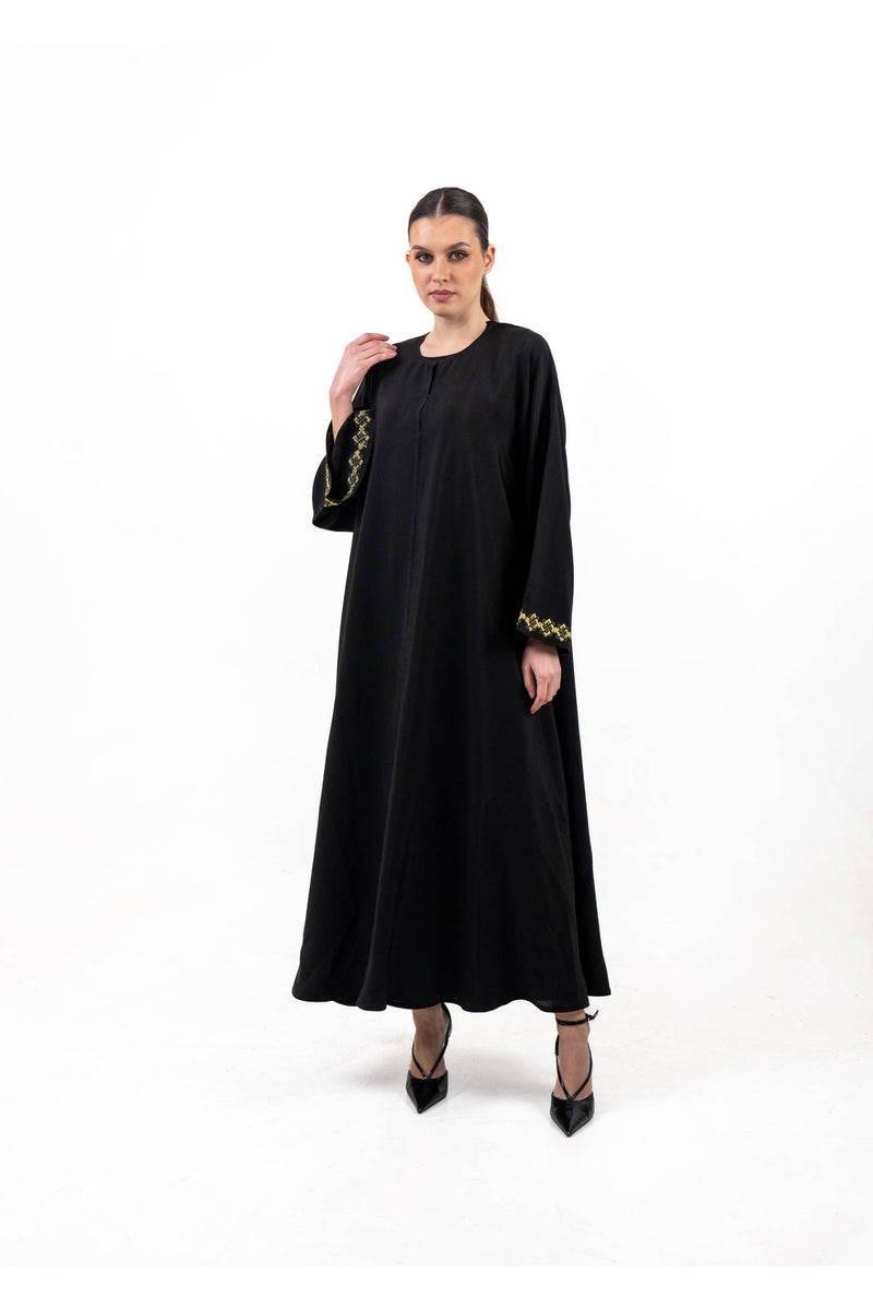 BLACK  SOALON EMBROIDERED CLOSE  ABAYA .