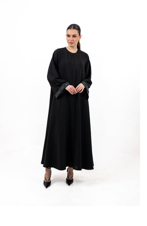 BLACK SOALON  EMBROIDERED CLOSE  ABAYA .