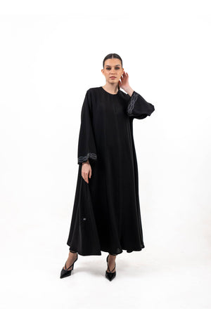 BLACK SOALON  EMBROIDERED CLOSE  ABAYA .