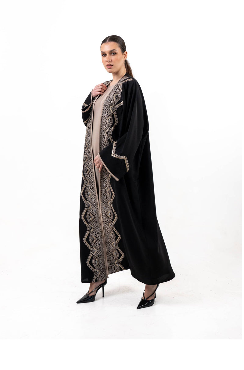 BLACK  SOALON EMBROIDERED OPEN  ABAYA