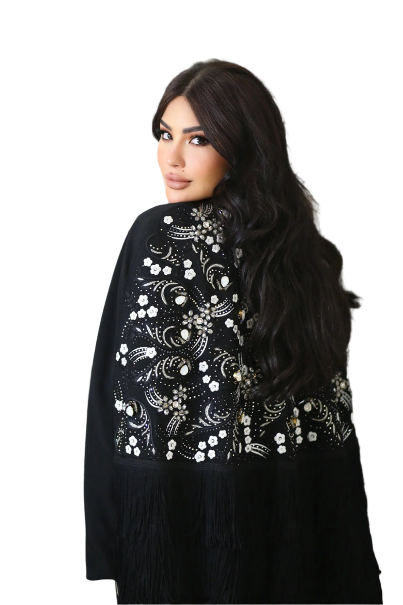 BLACK SWAROVSKI CRYSTALIZED SOALON  OPEN  EMBRODERD ABAYA