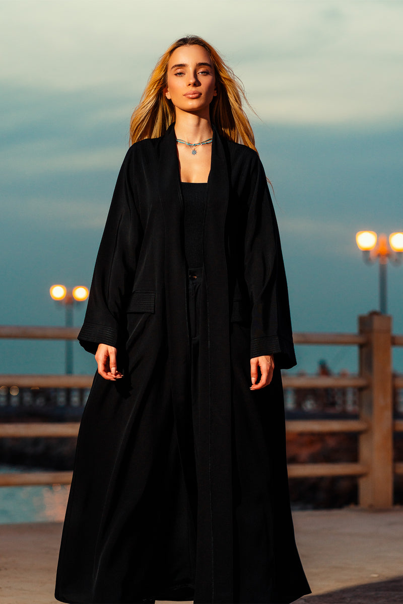 BLACK TOP STITCH SOALON OPEN ABAYA