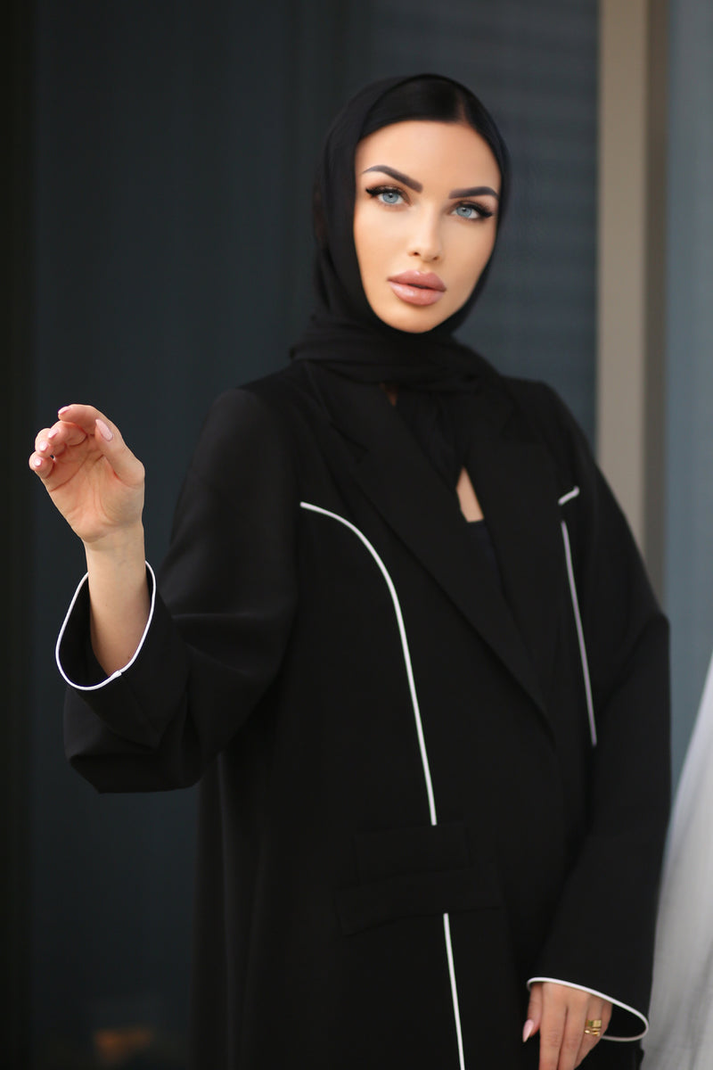 WHITE PIPING BLACK OPEN ABAYA