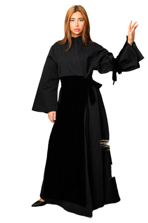 BLACK VELVET JACQUARD KIMONO CLOSED ABAYA